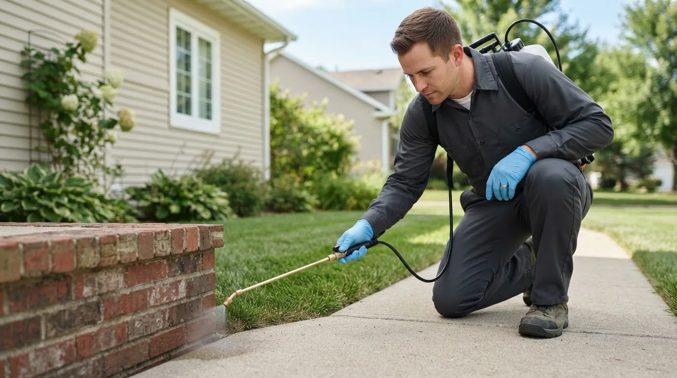 Pest control technician treating a home near Blackstone, MA